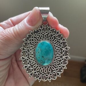 Vintage Sterling Silver 925 Turquoise oval beautiful filigree LARGE pendant